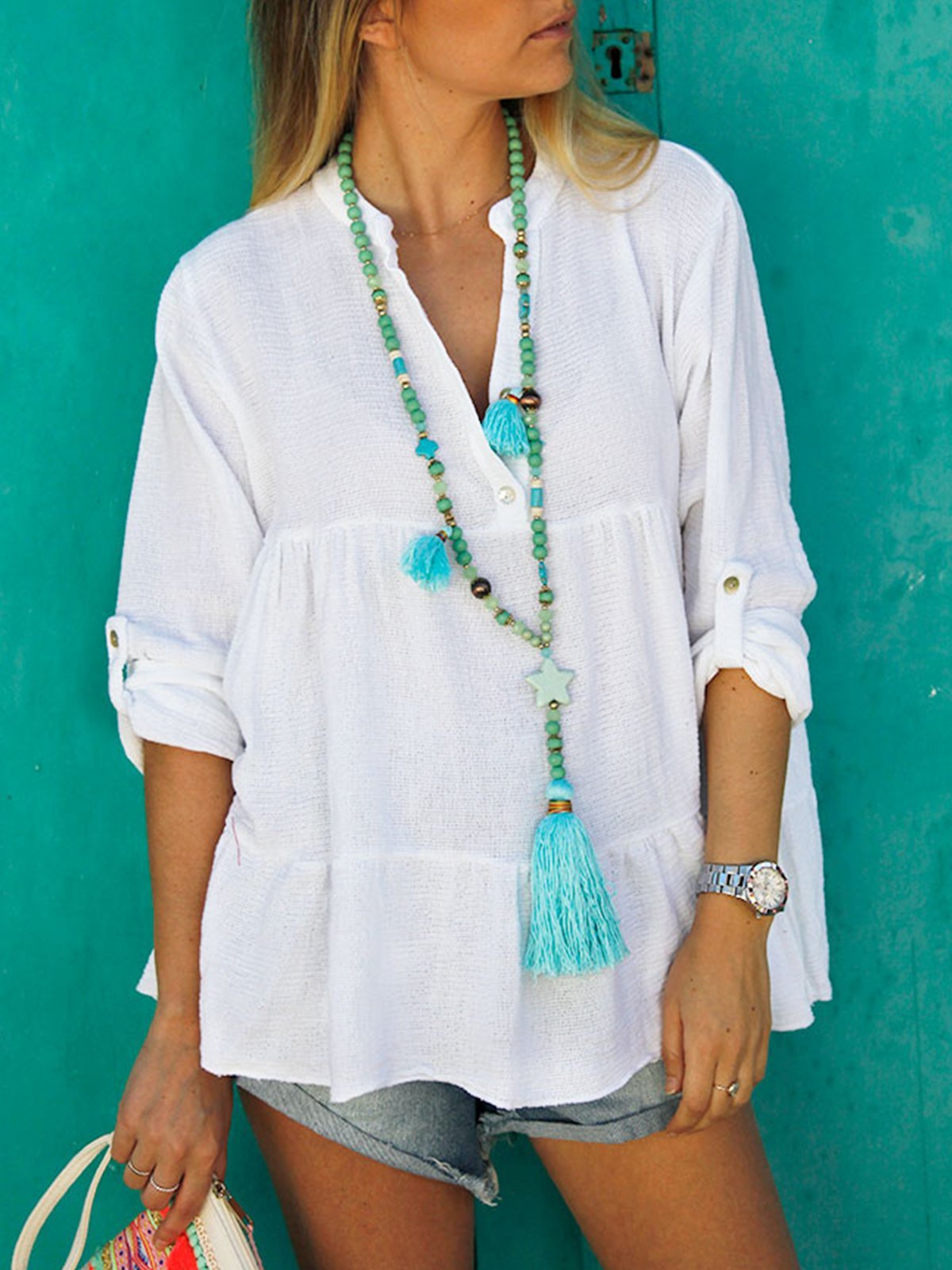 White 3/4 Sleeve Cotton-Blend V Neck Shirts & Tops