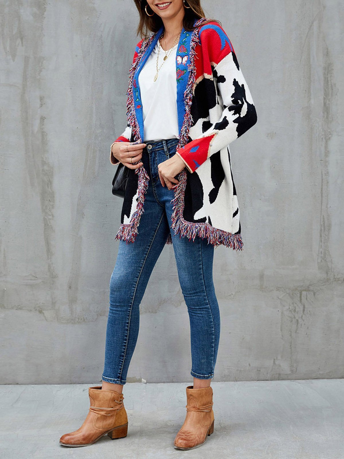 Red Shawl Collar Fringed Embroidered Cardigan