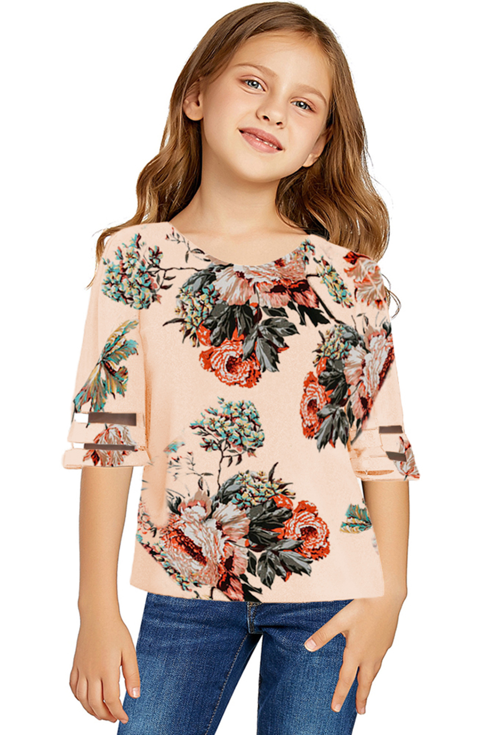 Apricot Girl's 3/4 Bell Sleeve Mesh Panel Blouse