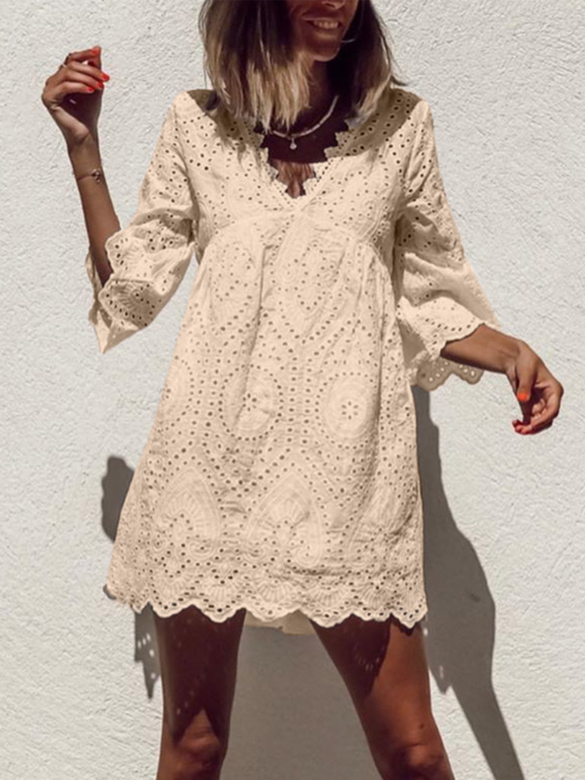 Plus Size Casual V Neck 3/4 Sleeve Dresses