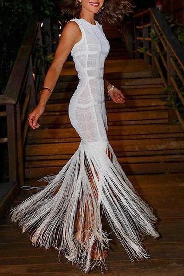 Casual Pure Colour Tassel Sleeveless Bodycon Dresses