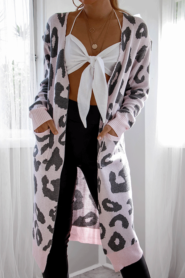 Women's Fashion Long Sleeve Printed Color Midi Knit Cardigan