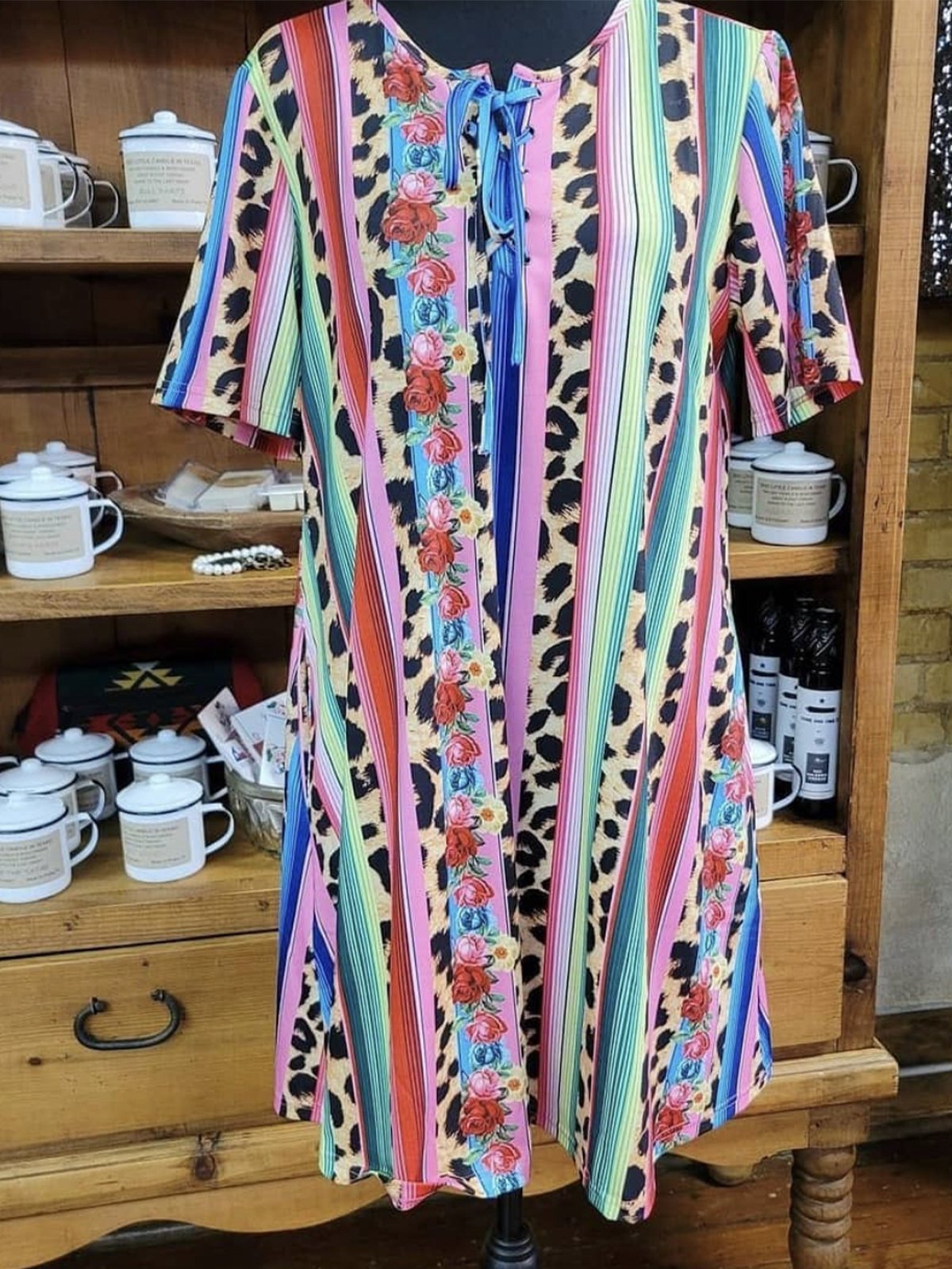 Floral Short Sleeve Crew Neck Cotton-Blend Dresses