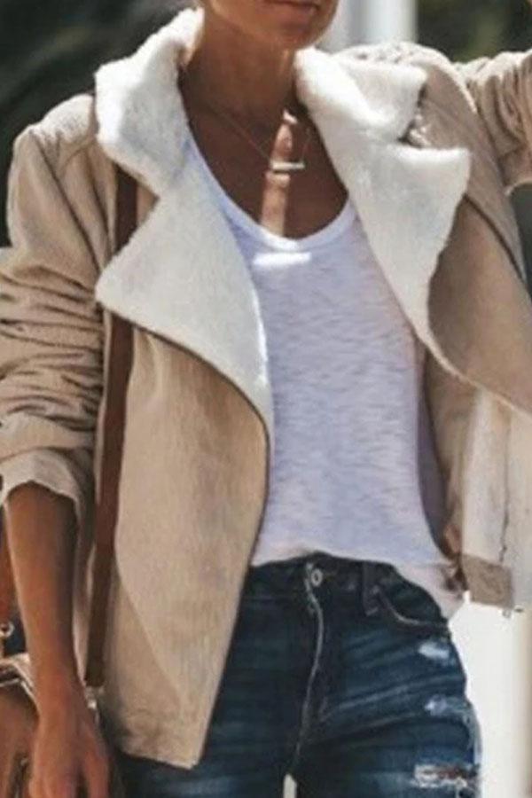 Fold Over Collar  Zipper  Plain Jackets