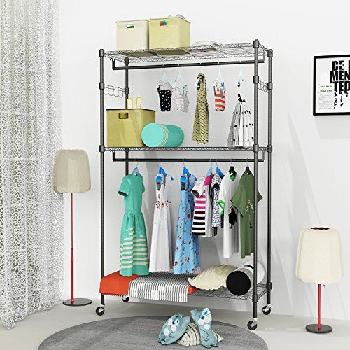Heavy Duty Garment Rack on Wheels with 2Rod /2Hook-Hold Up to 400Lbs