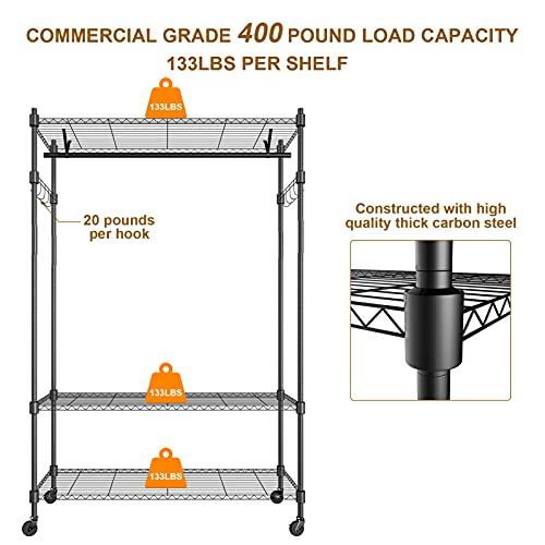 3 Tired Rolling Garment Rack with Adjustable Wire Shelf Hold Up to 400Lbs