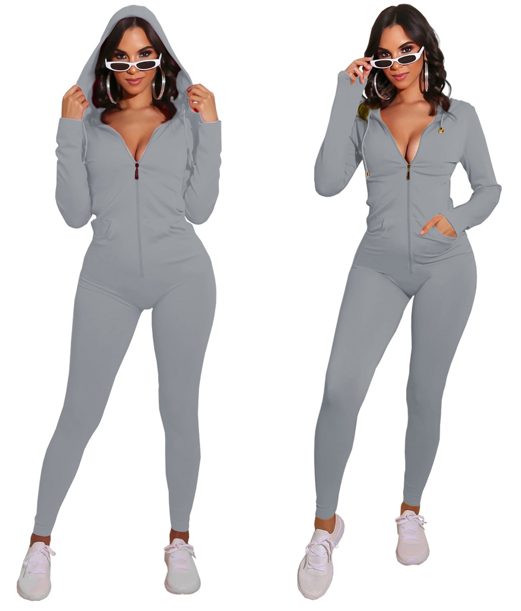 Autumn Sports Fitness Solid Plain Zip Up Hoodie Jumpsuit