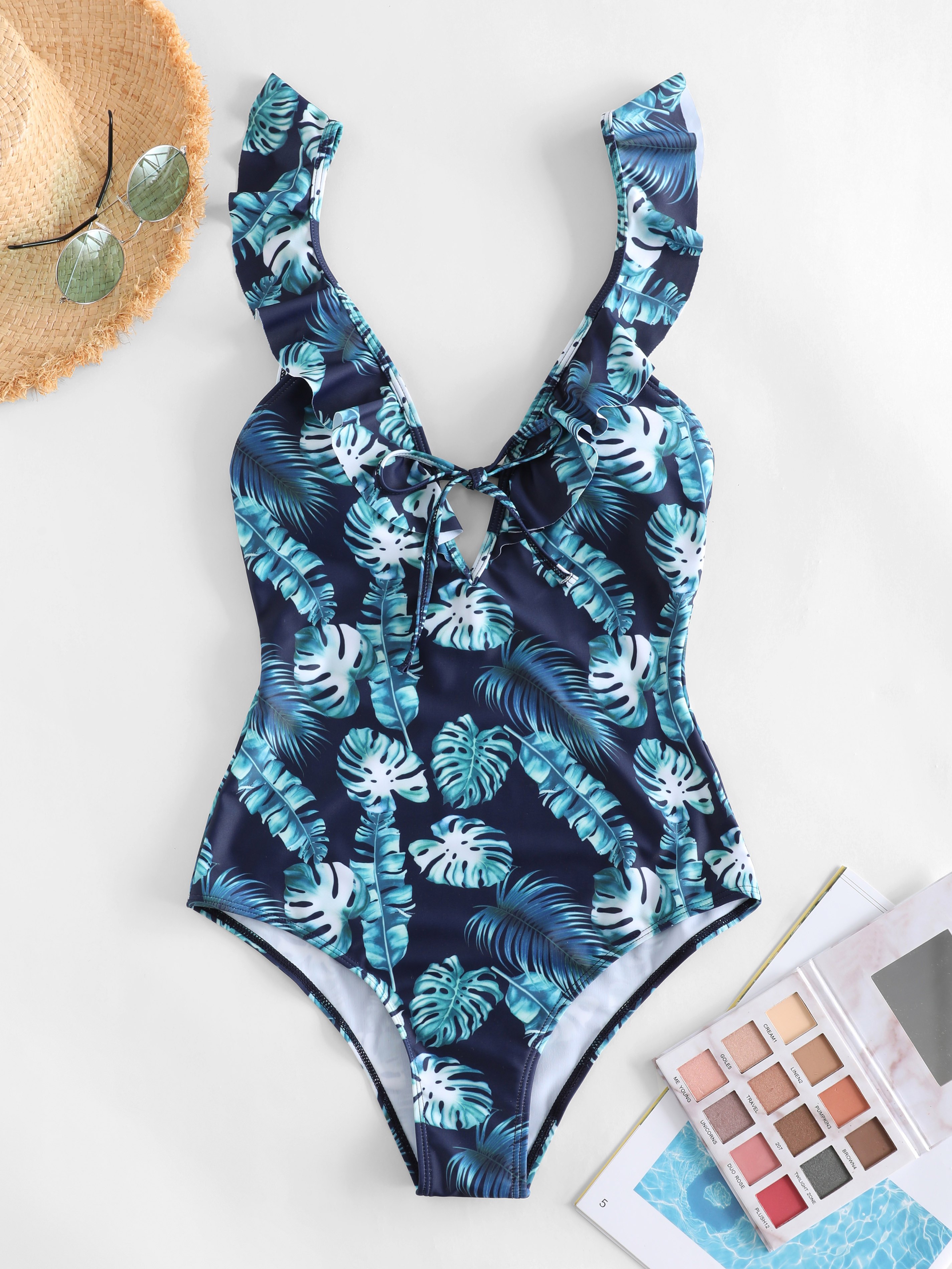 Leaf Print Plunging Collar One-Piece Swimwear
