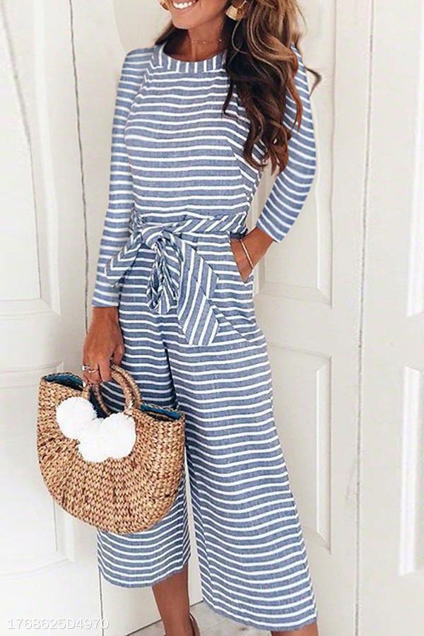 Fashion Stripe Long Sleeve Jumpsuits