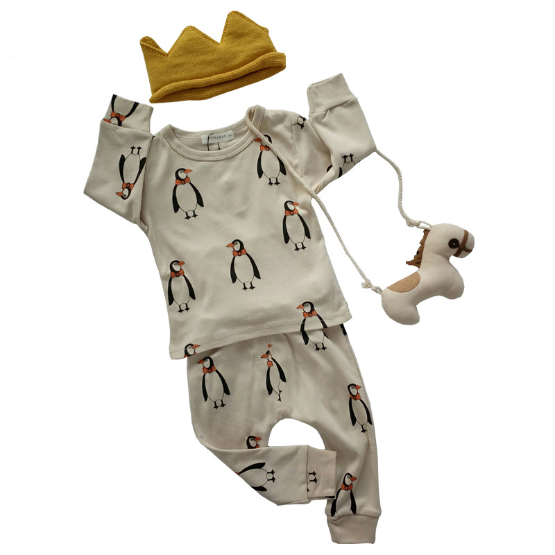 MAKA Kids Baby Pajama Suits Baby Cotton Boys Girls long sleeve Swan OX Penguin Cat Animal Tshirt Harem Pant children clothing