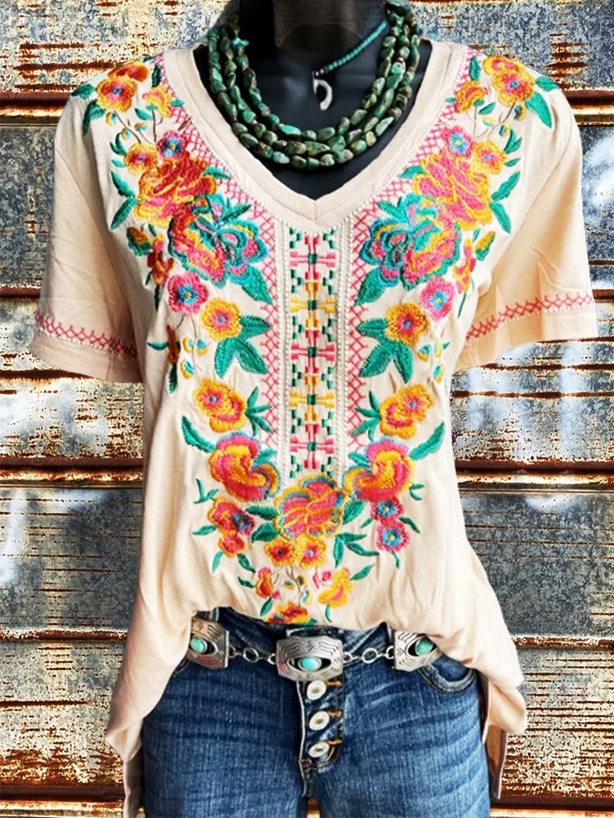 V Neck Casual Short Sleeve Floral Shirts & Tops