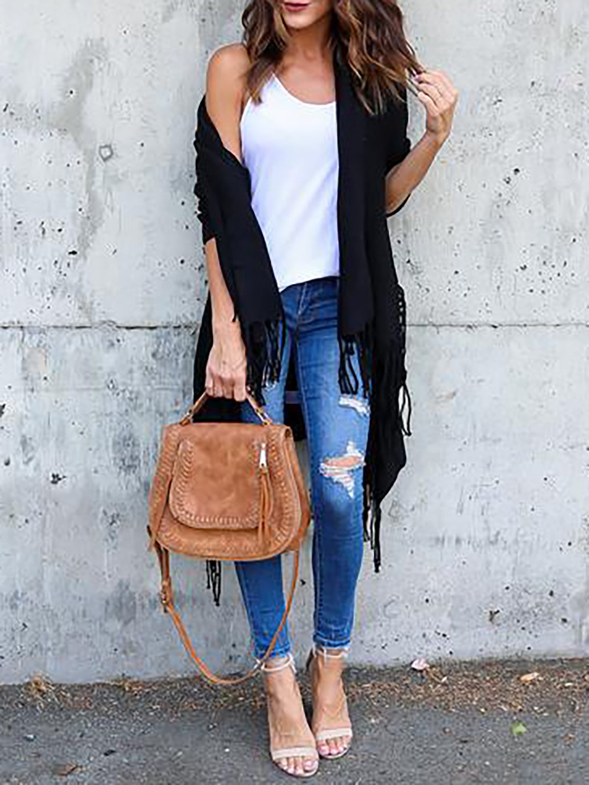 Elegant Fringed Solid Cotton-blend Quilted Coat