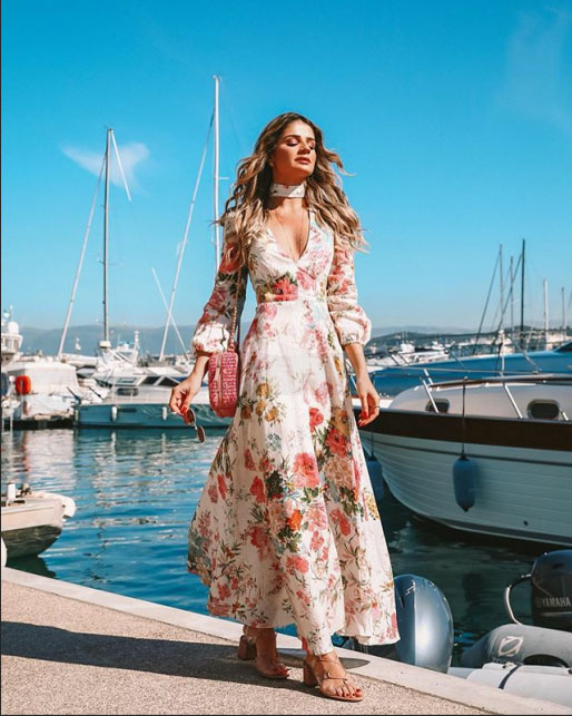 Long Sleeve Floral Plung Maxi Dress