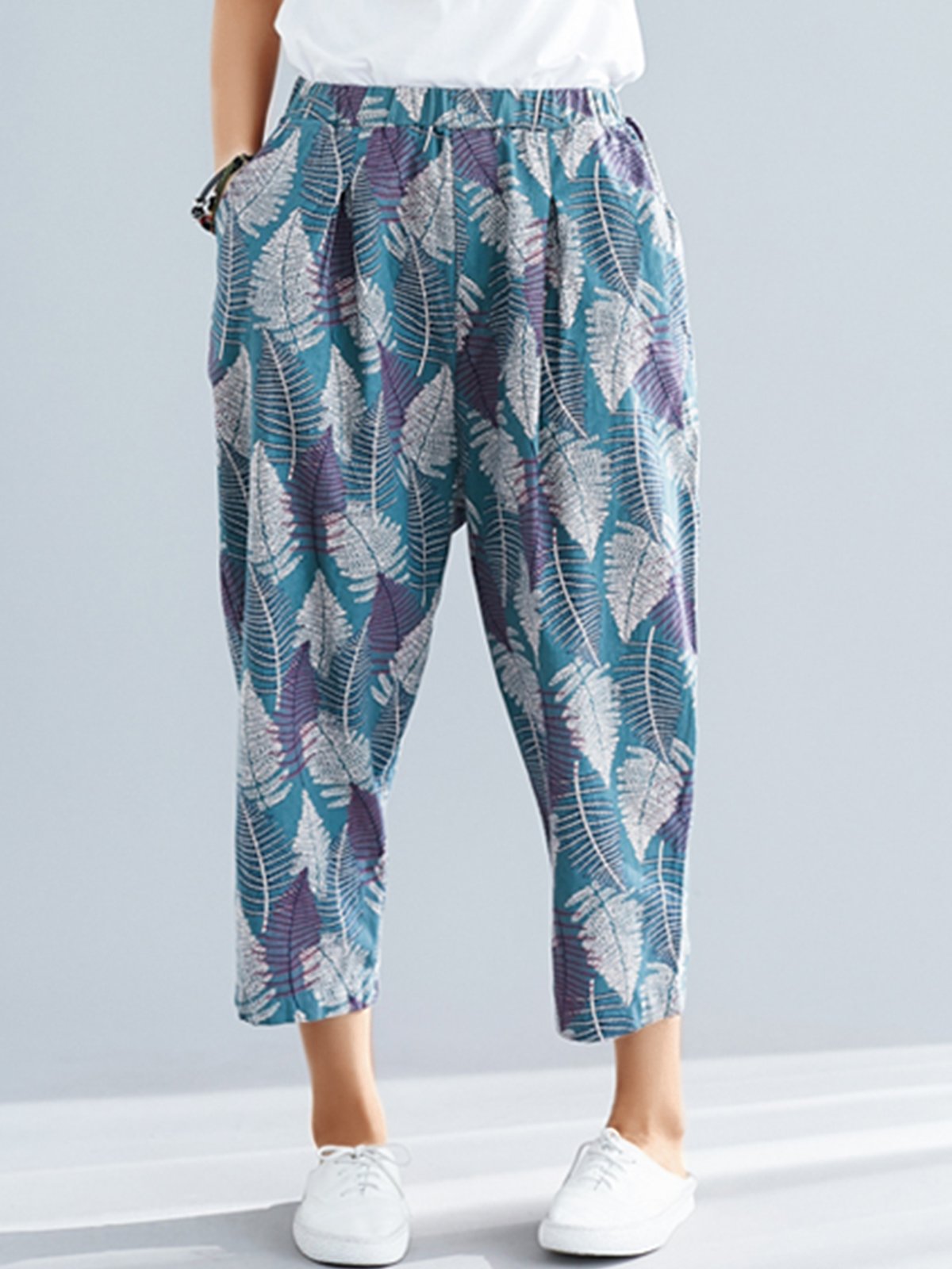 Plus Size Women Floral Casual Pants