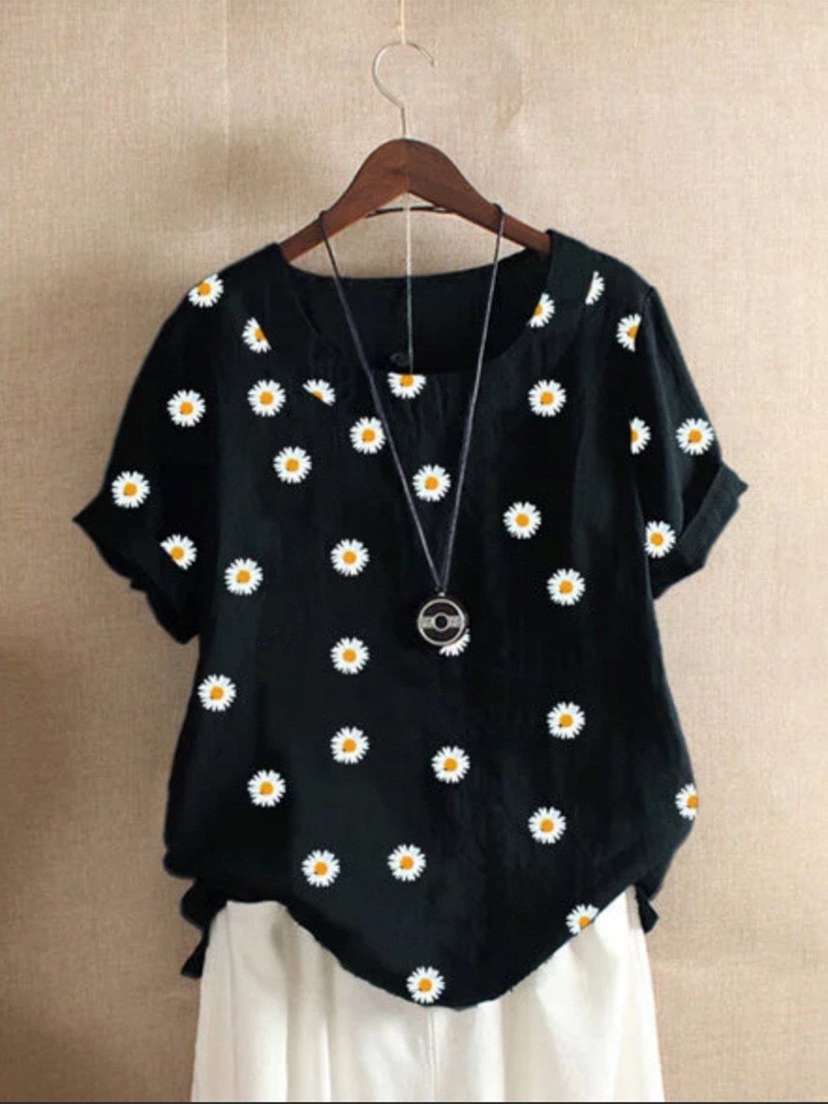 Daisy Floral Print Short Sleeve O-neck T-shirt For Women