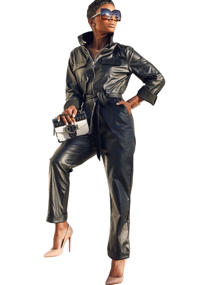 Black Leather Long Sleeve Zipper Jumpsuit with Beltt