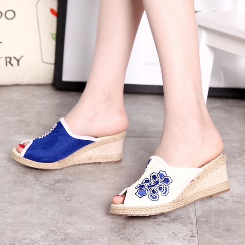 Sandkini Peep Toe Cloth Flower Wedge Heel Slippers