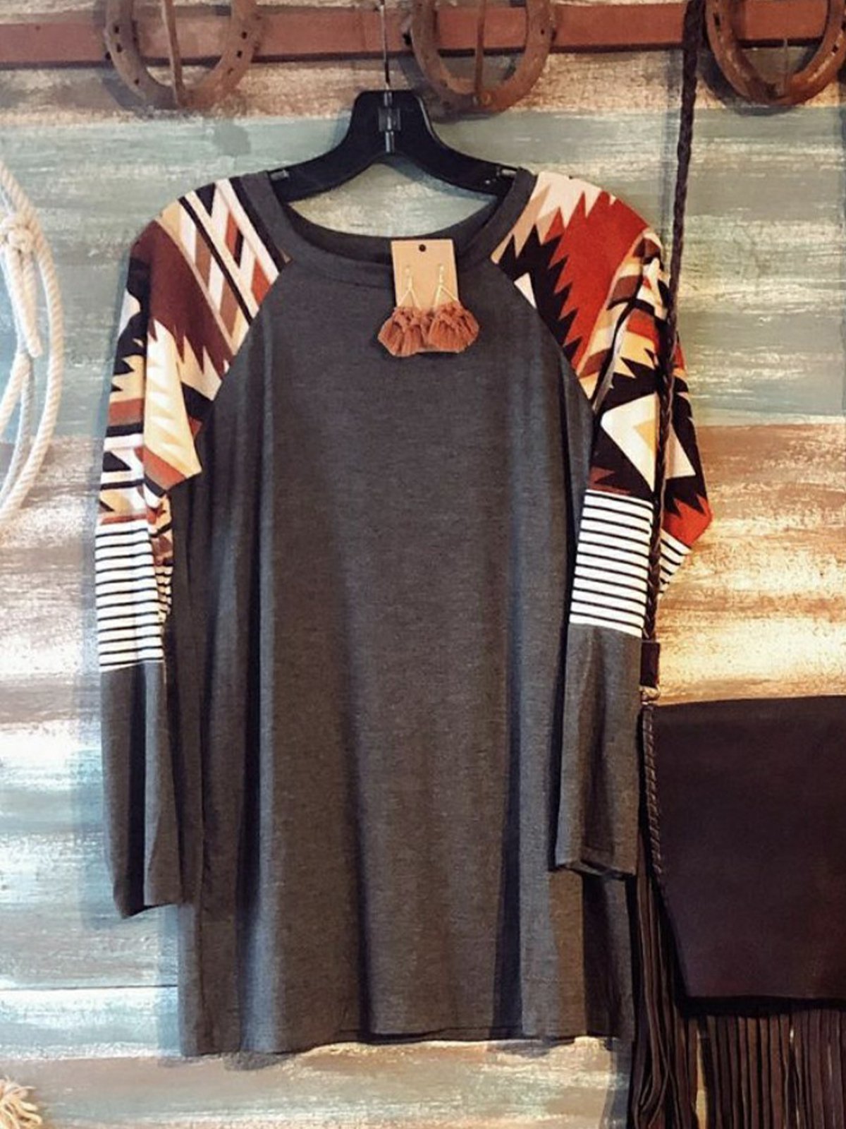 Boho Crew Neck Long Sleeve Shirts & Tops