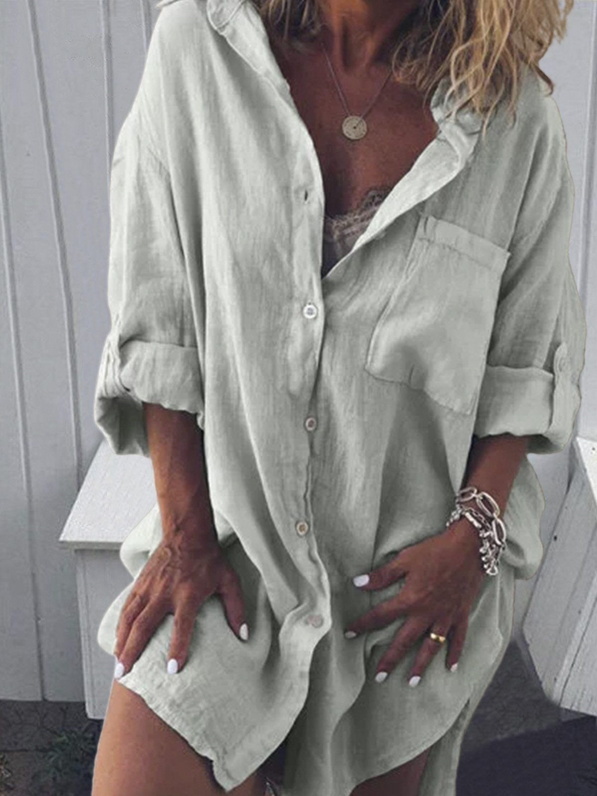 Plus Size Casual V Neck Long Sleeve Solid Dresses