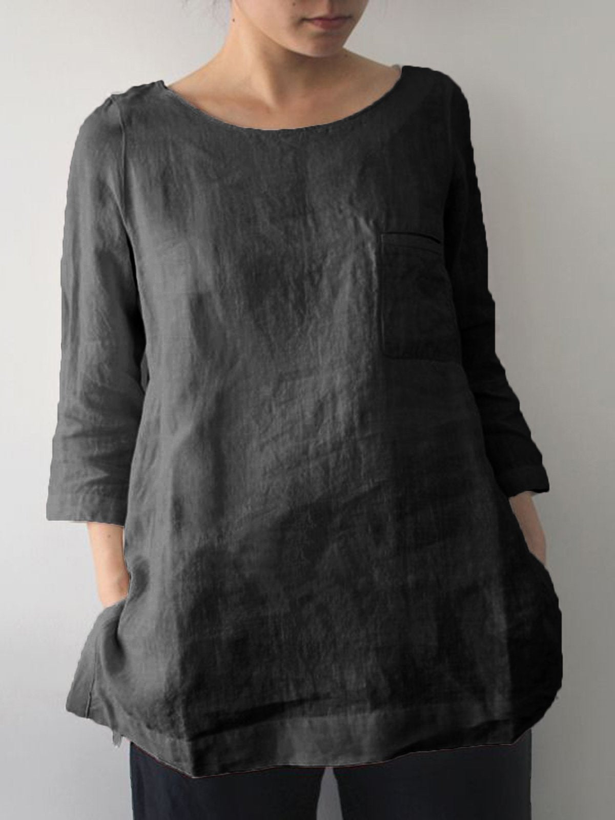 Cotton-Blend 3/4 Sleeve Solid Crew Neck Shirts