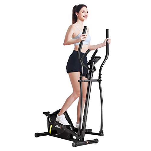 GYMAX Elliptical Machine, Magnetic Portable Elliptical Trainer with LCD Monitor, Heart Sensor & Built-in Wheels, Black