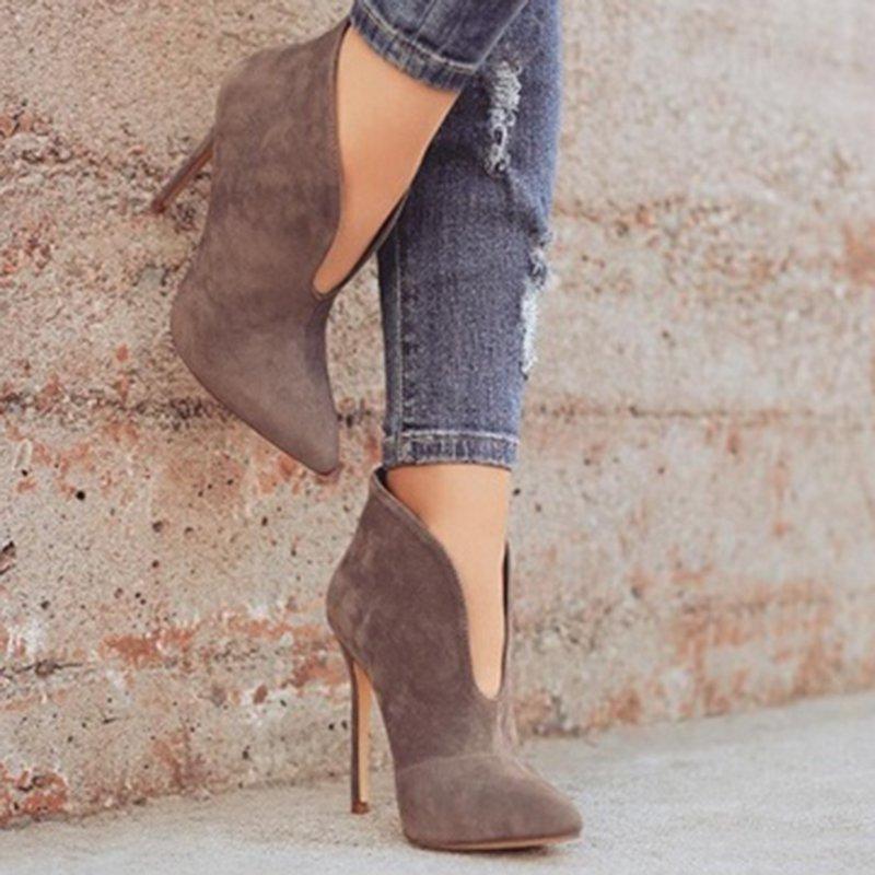 Women Spring Ankle Boots Cut Out High Heel Suede Shoes