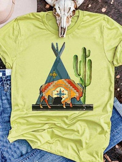 Lightgreen Floral-Print Round Neck Short Sleeve Shirts & Tops