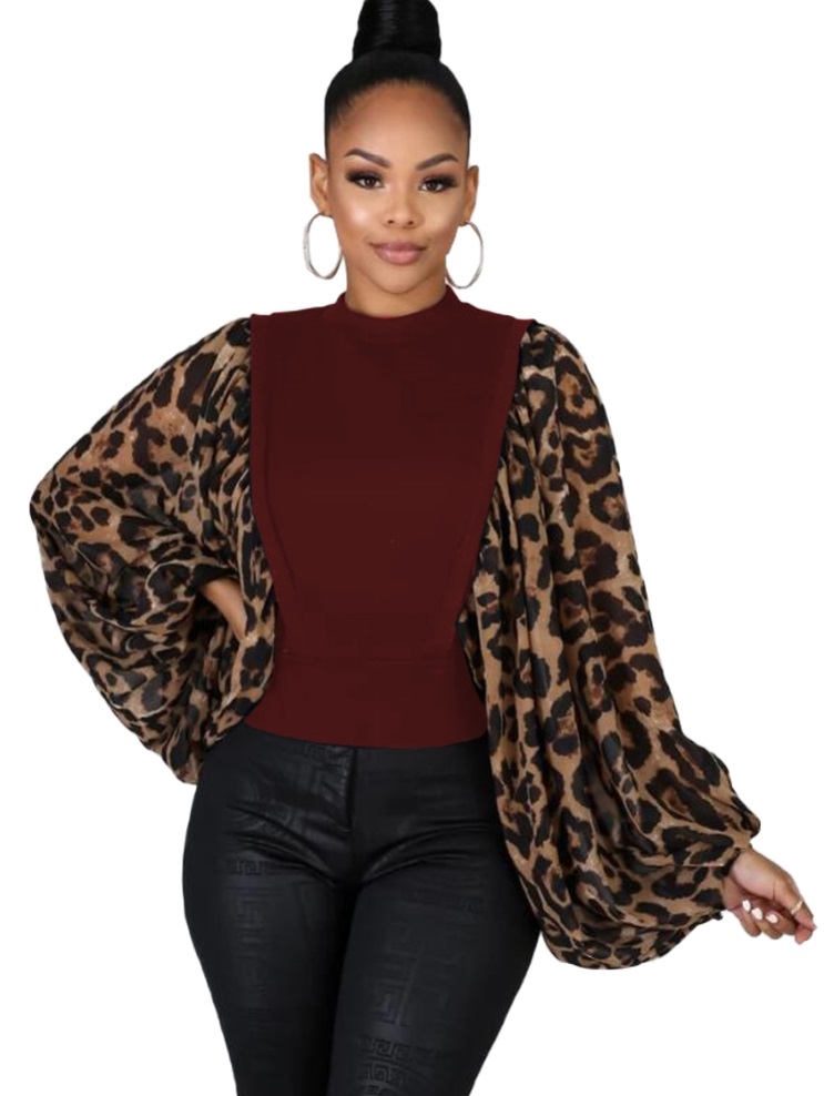Sexy Tight Basic Top with Leopard Pop Sleeves