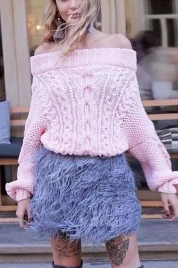 Sexy one word led off-the-shoulder solid color sweater