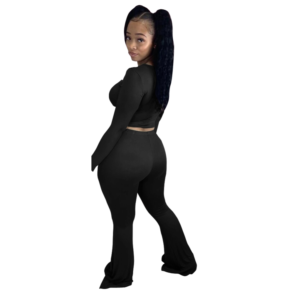 Sexy Plain Shirt and Flare Pants Set