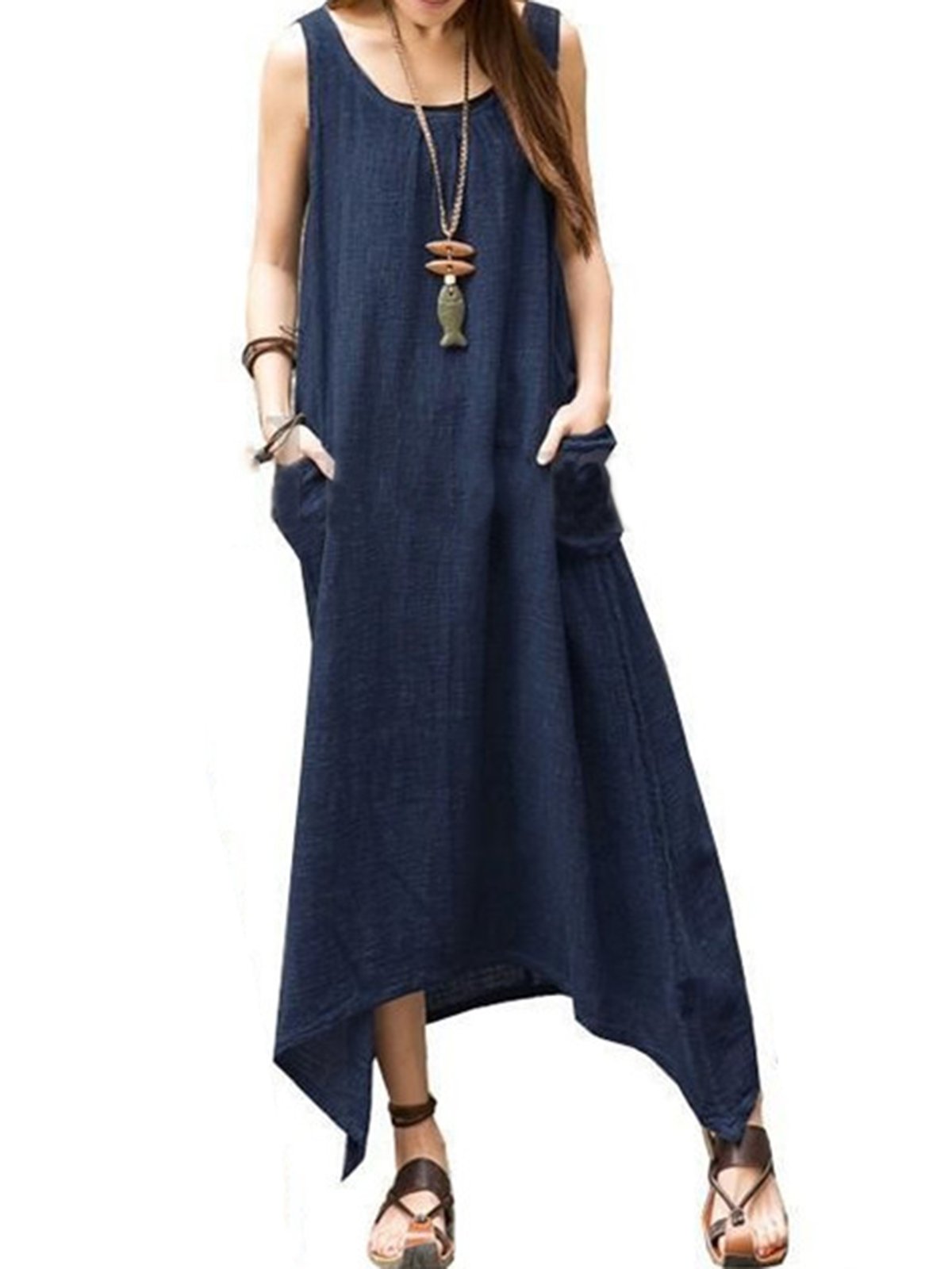 Plus Size Crew Neck Sleeveless Linen Solid Maxi Dress
