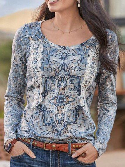 Boho O-Neck Cotton-Blend Geometric Shirts & Tops