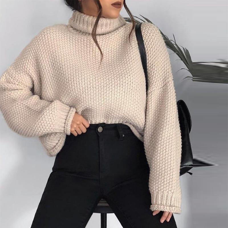 Simple Turtlneck Long Sleeve Loose Solid Color Sweater