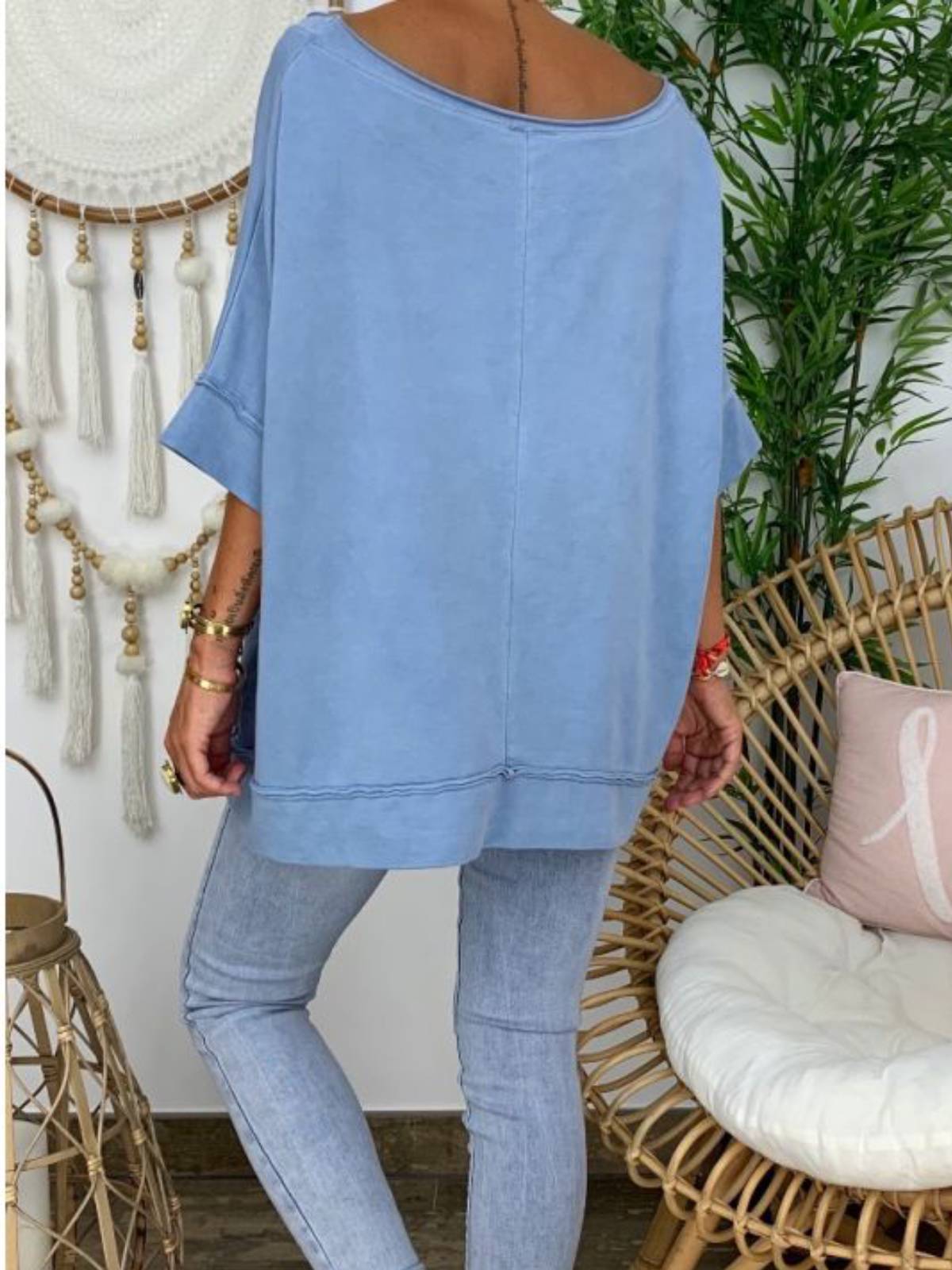 Blue Cotton-Blend 3/4 Sleeve Crew Neck Shirts & Tops