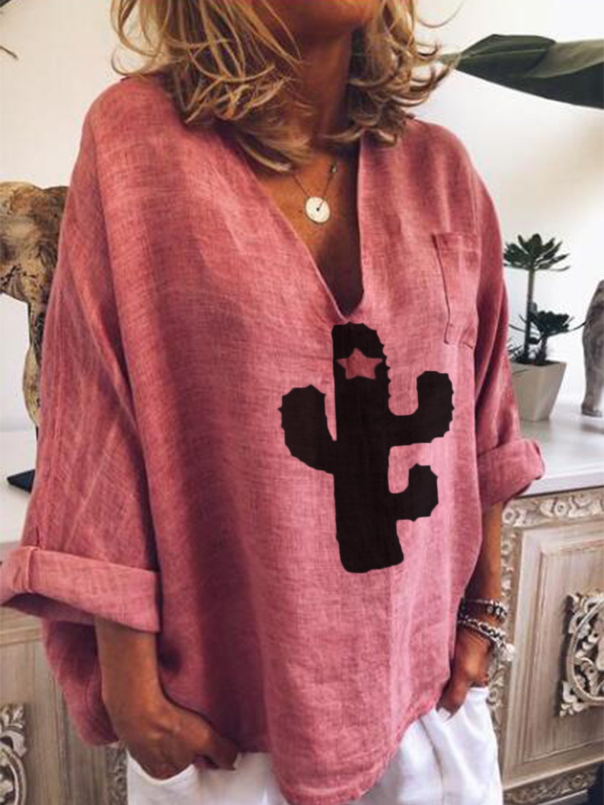 Red Printed Cotton-Blend Half Sleeve Shirts & Tops