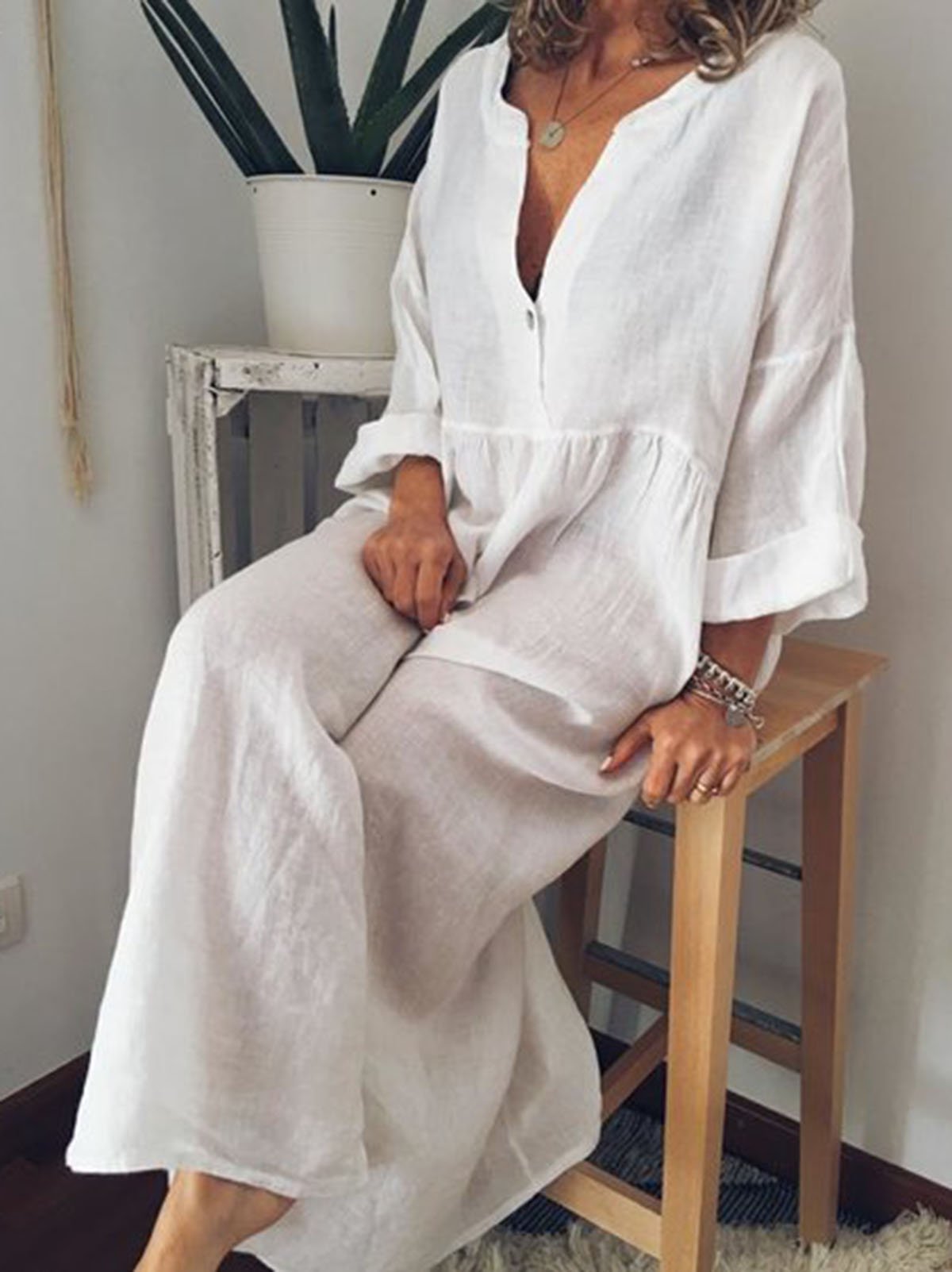 Solid Long Sleeve Linen Maxi Dresses