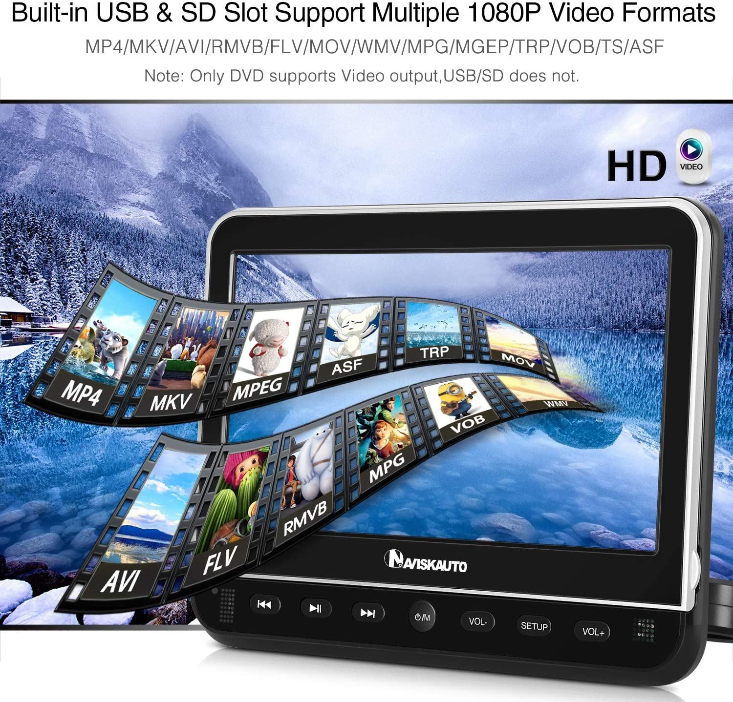 NAVISKAUTO 10.1��� Dual Car DVD Players with HDMI Input 2 Headphones