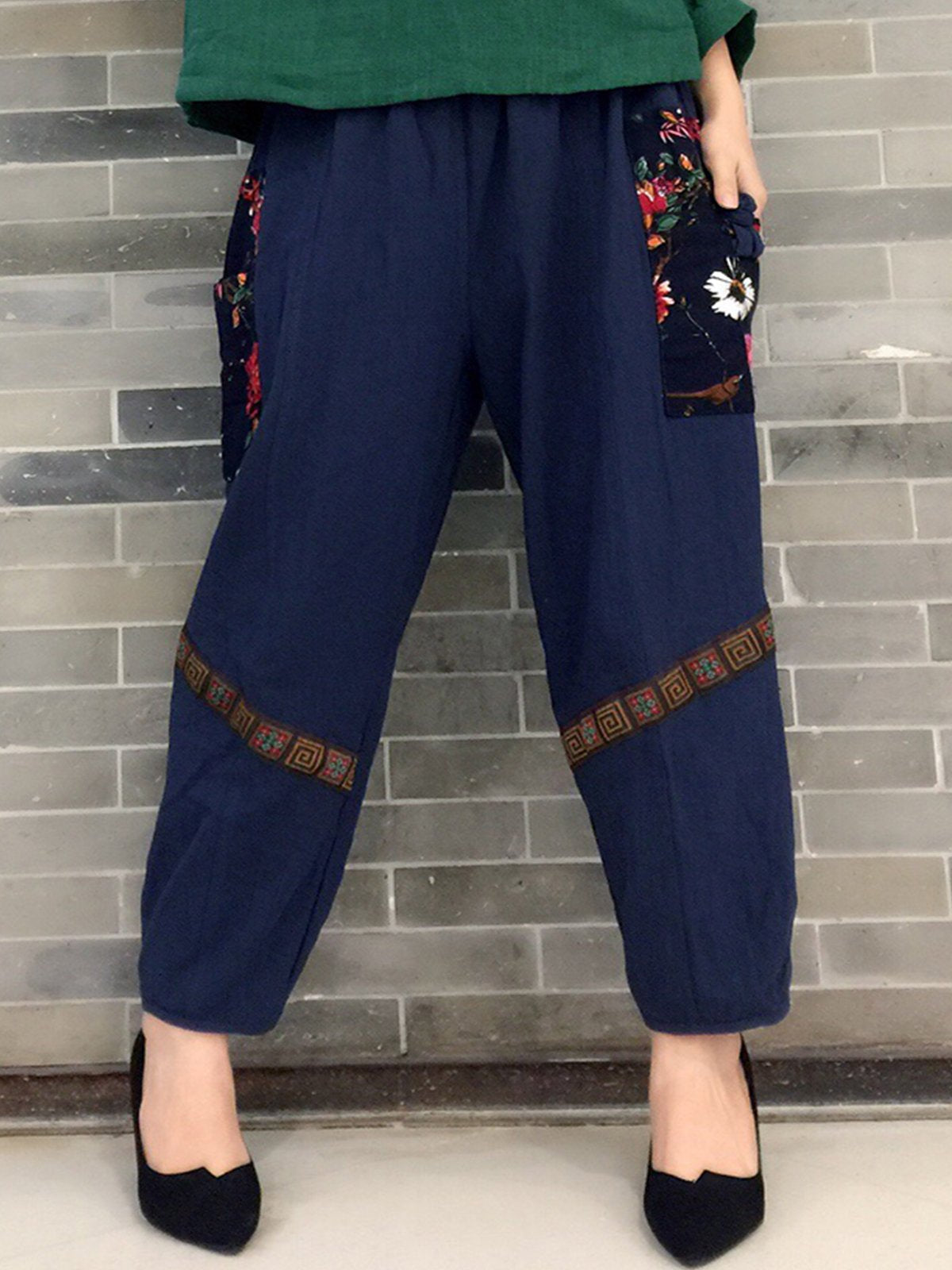 Casual Cotton and Linen Patch Harem Pants With Pockets