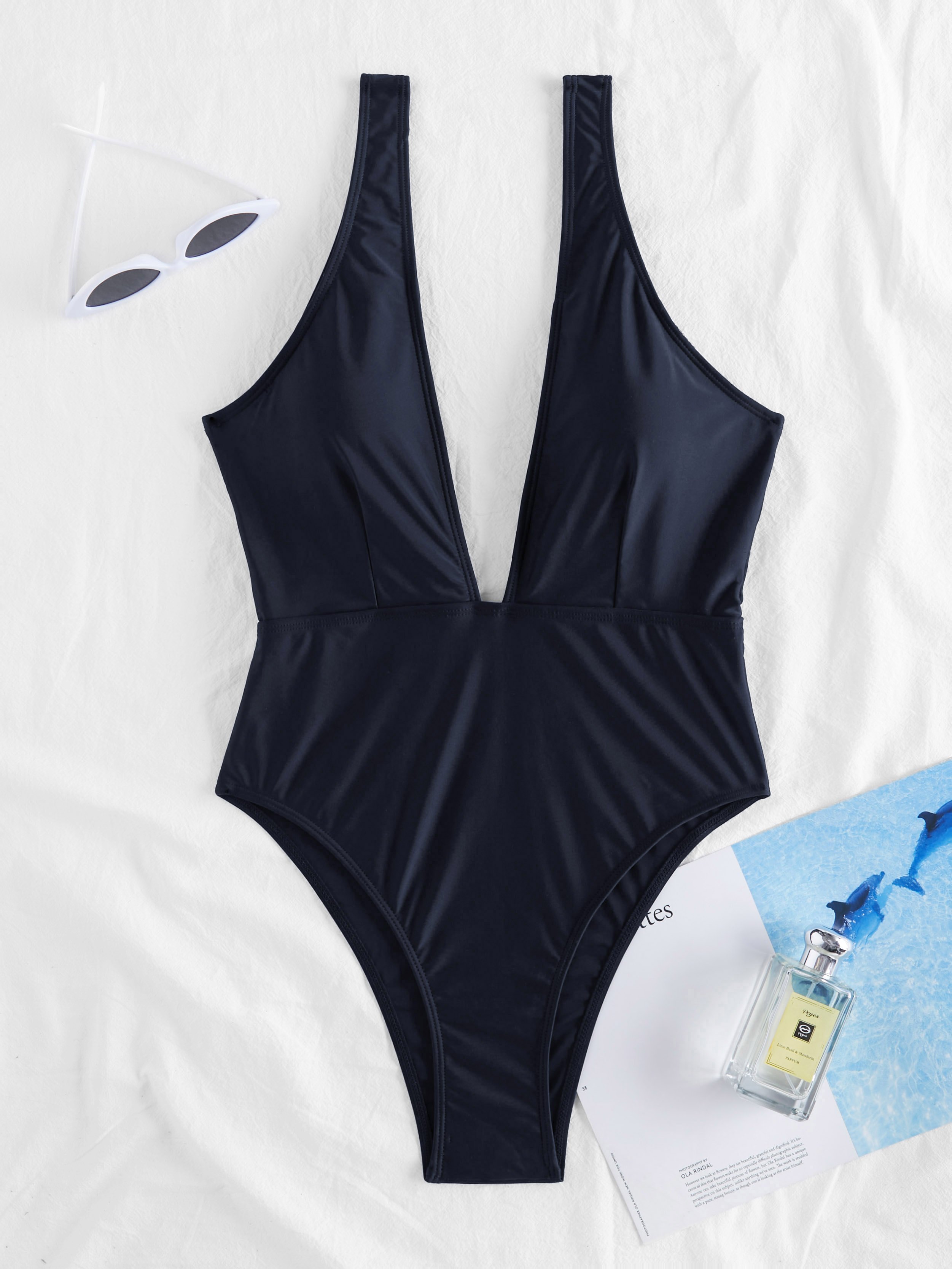 Solid Plunging One-Piece Swimsuit