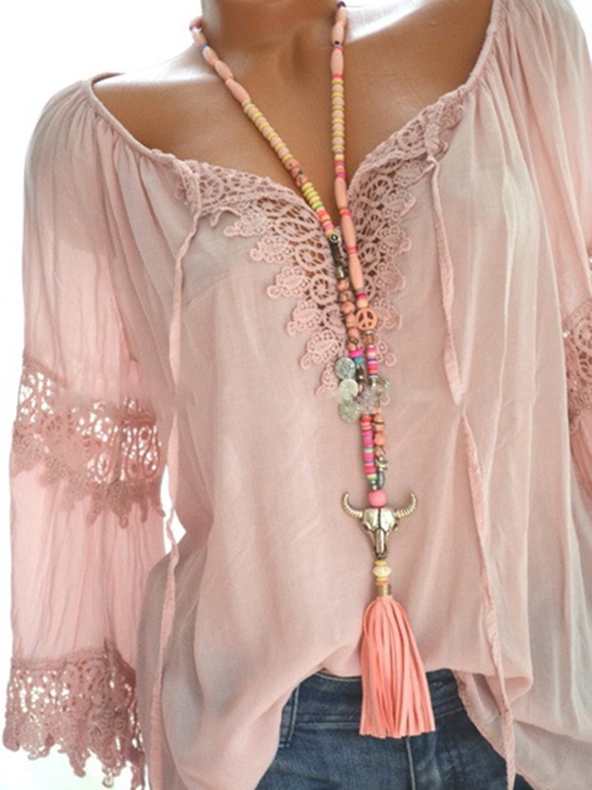 V Neck Casual Long Sleeve Cutout Paneled Lace Blouses