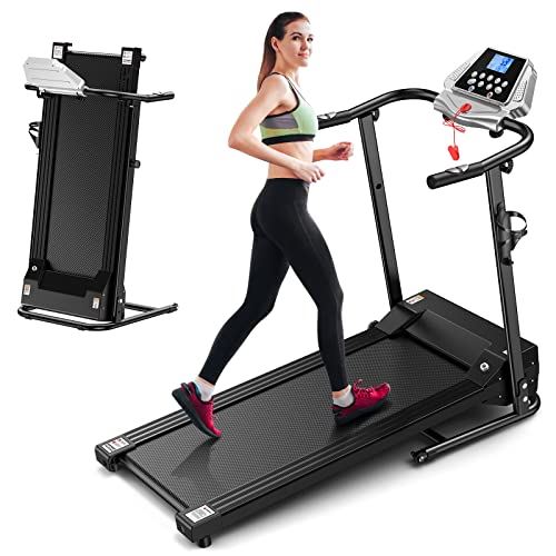Foldable Treadmill Electric Running Machine: Folding Walking Pad Portable Compact Quiet Jogging Run Treadmills for Small Home Space- Black