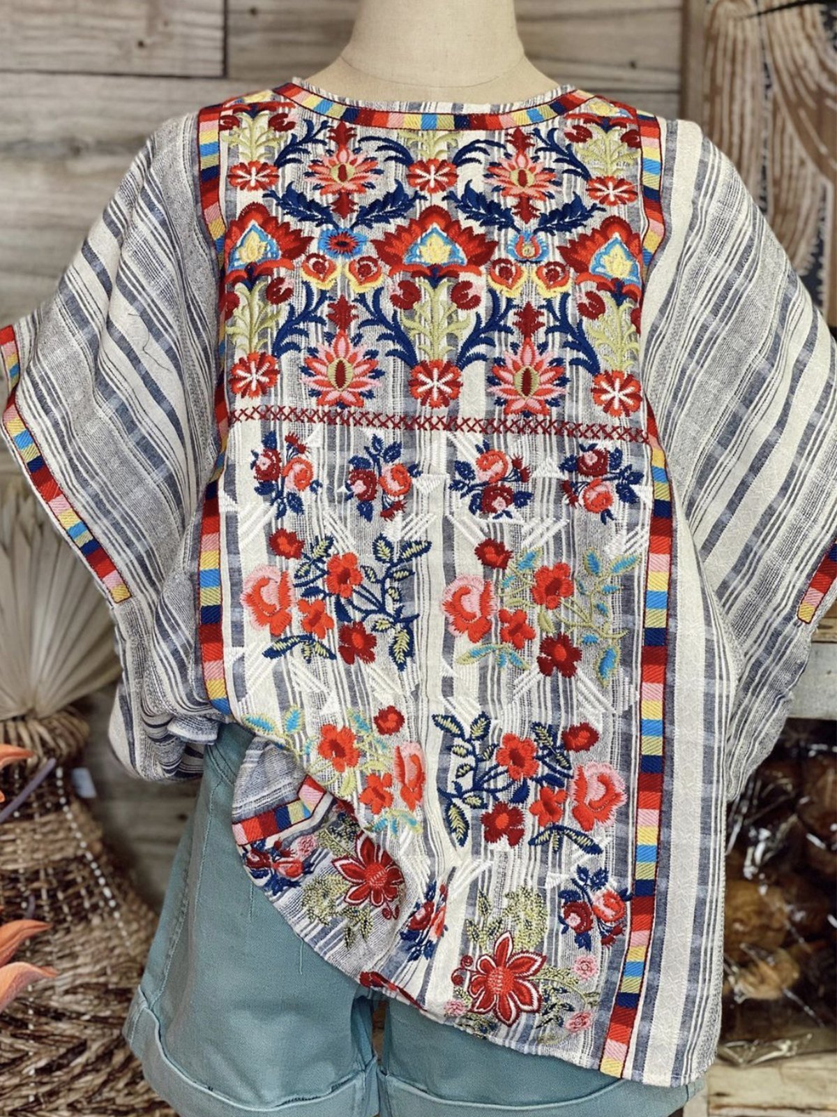 Boho Shift Pastoral Batwing Crew Neck Shirts & Tops