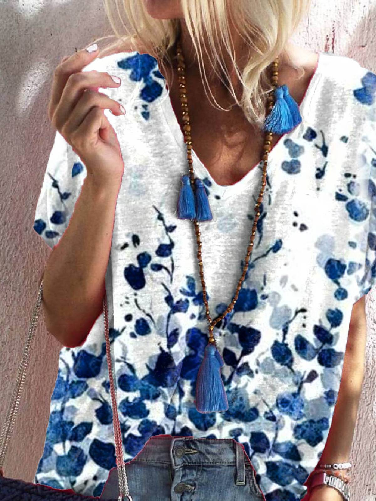 Floral Casual V Neck Cotton-Blend Shirts & Tops