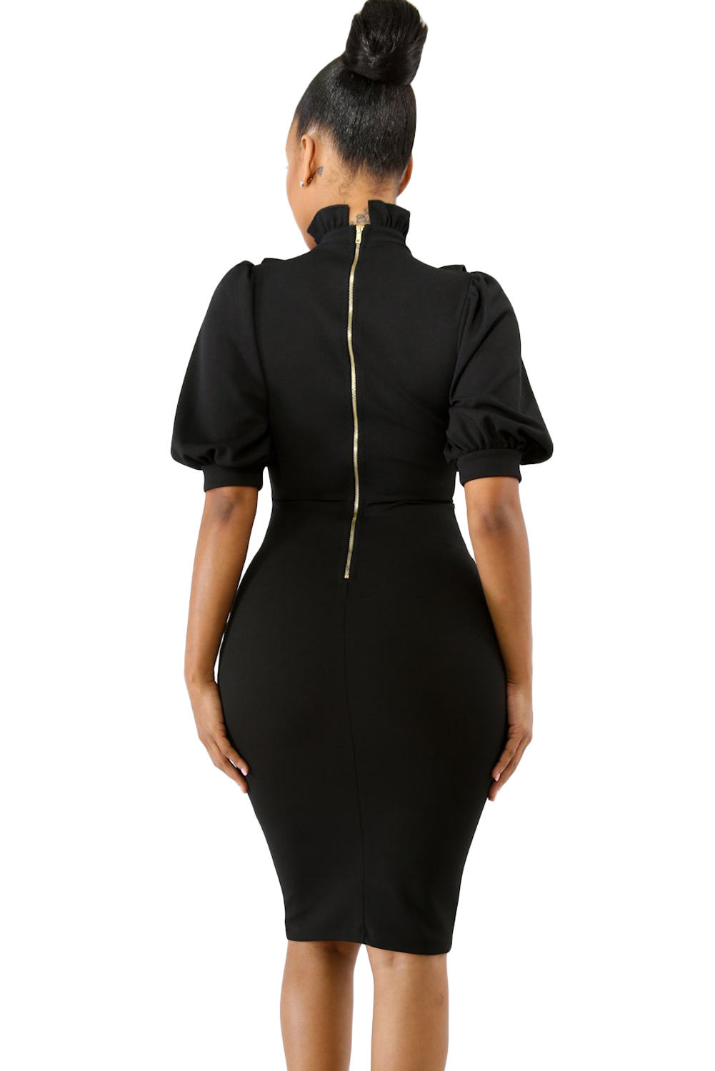 Black Ruffle High Neck Lantern Sleeve Dress