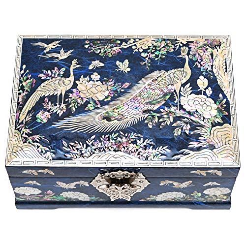 2 Level Peacock Jewelry Box with Ring Tray Mirrored Lid