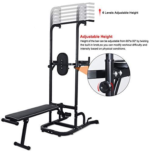 ONETWOFIT Multi-Function Power Tower with Sit Up Bench,Adjustable Height Pull Up Tower Heavy Duty Dip Station Fitness Equipment – Black