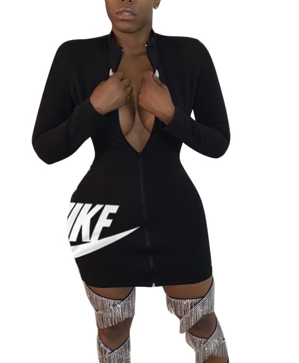 Print Black Long Sleeve Zipper Bodycon Dress