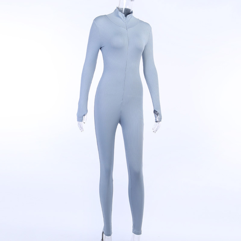 Sports Fitness Solid Zipper Jumpsuit