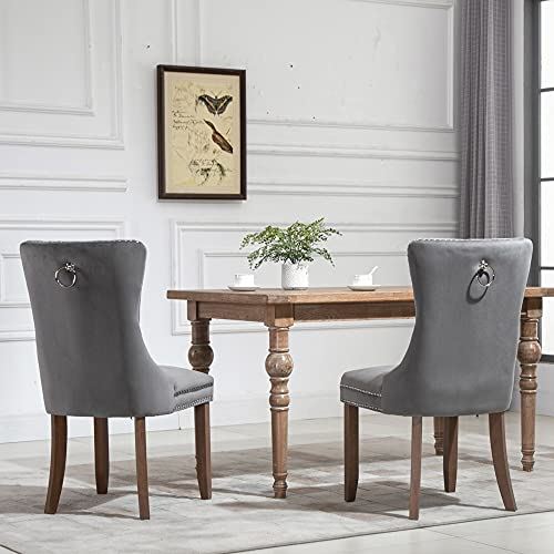 Set of 2 Upholstered Velvet Dining Room Chairs with Nailed Trim