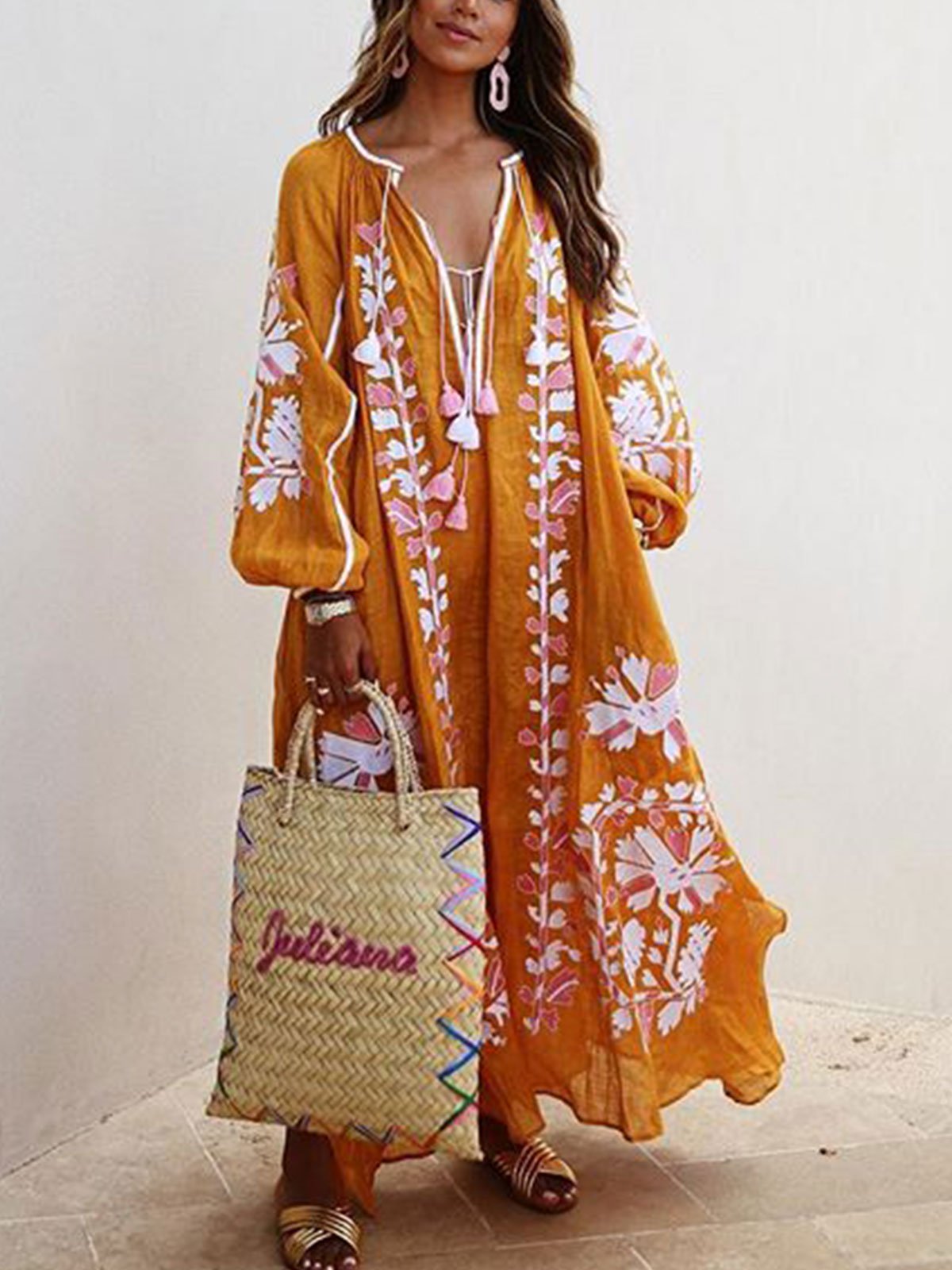 Women Printed Boho Casual Dress V Neck Holiday Maxi Dresses